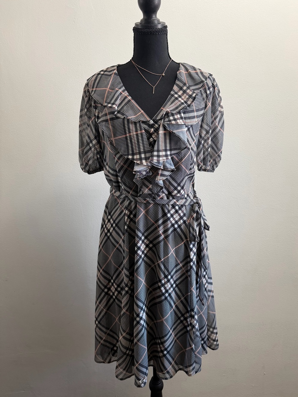 Plaid Ruffle Wrap Dress in Black and Gray